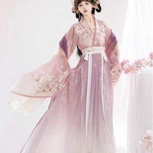 Spring Summer Traditional Pink & Blue Detailed Hanfu Chinese Elegant Dress 3 Piece Set Elegant Sophisticated Flowers with Embroidery
