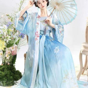 Sky Blue Hanfu Set with Pink Floral Embroidery Loose Flowy Sleeves Three Piece Dress Set Traditional Chinese Hanfu