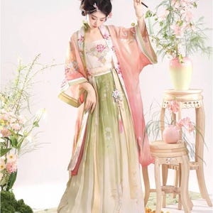 Peach Blossom Dream Peach Pink & Green Hanfu Set with Floral Embroidery Loose Flowy Sleeves Three Piece Dress Set Traditional Chinese Hanfu