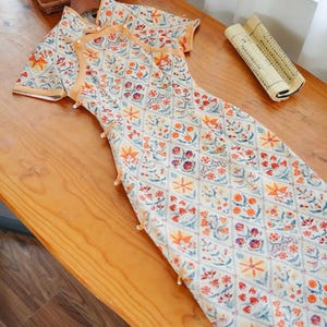 Retro Inspired Summer 1930s with Buttons Detail Authentic High Quality Floral Orange Traditional Chinese Qipao Cheongsam