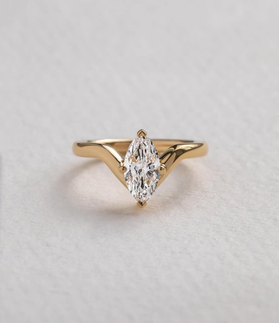 Marquise Cut Lab Grown Diamond Designer Solitaire Ring, 14k Solid Gold ...