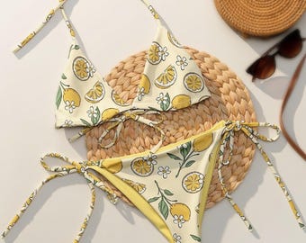 Lemon and Blossom Recycled Bikini - Mediterranean Summer Sunny Citrus Eco Swimwear
