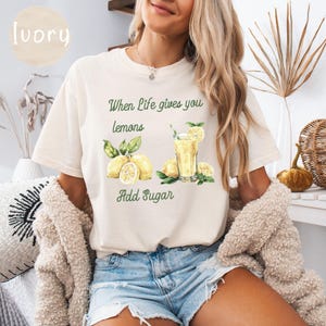 Lemonade Stand Tee, Citrus Fruit Shirt, Lemons Make Lemonade, Lemon Print Top, Summer Fruit Fashion, Yellow Shirt, Add Sugar
