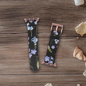 Uhrenarmband Blumenmuster - Eleganter Schwarzer und Blauer Blumen Druck, Stilvolles Accessoire für Damen und Herren, Geschenk für Muttertag, Geburtstag