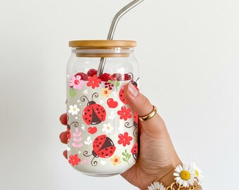 Floral Ladybug Glass Cup – Aesthetic Can-Shaped Iced Coffee Tumbler, Cute Spring Drinkware, Cottagecore Gift for Her