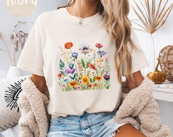 Camiseta unisex con flores silvestres Comfort Colors, camiseta con estampado botánico, camiseta floral de algodón suave, regalo para amantes de la naturaleza, camiseta con ambiente botánico