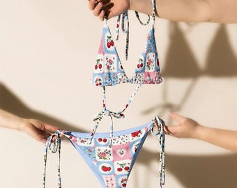 Strawberry Cherry Recycled Bikini - Dreamy Pastel Blue and Vibrant Berries Patchwork with ditsy Floral elements - Retro Dollette Swimwear
