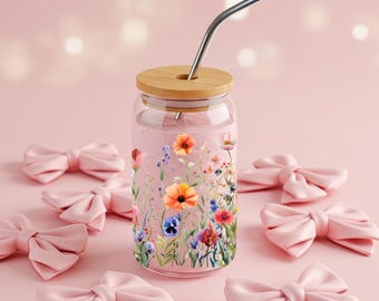 Beautiful Wildflower Design – Floral Iced Coffee Cup, Aesthetic Boho Drinkware, Gift for Her, Cottagecore Glass Tumbler, Spring Summer