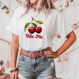 Cherry Bite Me Funny Sarcastic Retro Shirt Fruit and Berries Sweet Cherries Unisex Classic Tee Cute Quotes and Sayings Apparel