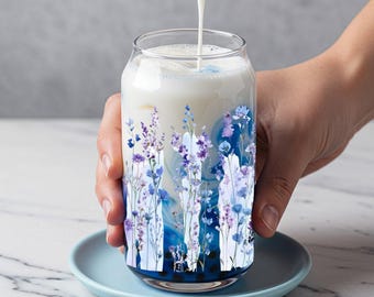 Blue Wildflower Glass Can Cup with Bamboo Lid and Straw – Aesthetic Iced Coffee Cup – 16oz Cold Drink Tumbler – Floral Glass Cup – Eco Gift