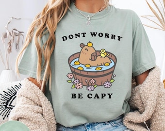 Cute Capybara T-shirt, Dont Worry be Happy, Happy Shirt, Comfort Colors, Unisex Tee, Capybara in Tub, Animal Lover Gift