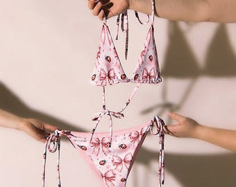 Ladybug Pink Bow Recycled Bikini - Coquette Core Whimsical Bug Lover Gift Premium Eco Swimwear