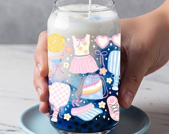 Pickleball Glass Cup, Pastel Aesthetic Iced Coffee Tumbler with Bamboo Lid and Straw, Cute Pickleball Gift for Her, Coquette 16oz Cold Drink