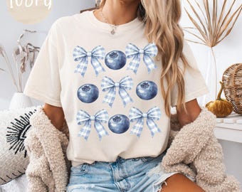 Comfort Colors Blueberry Shirt Coquette Bows & Berries Tee Soft Vintage Aesthetic T-Shirt, Boho Fruit Graphic Summer Top