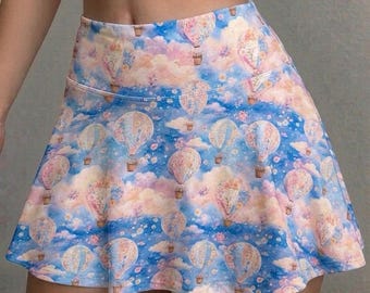Tennis Skirt for Women - Hot Air Balloons Floral Dream - Pastel boho Hippie colorful everyday clothes