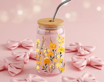 Ice Coffee Cup for Mom, Aesthetic Iced Matcha Tumbler, Floral on Glass Cold Drink, Eco-Friendly Gift for Her, Yellow Flower Cottagecore