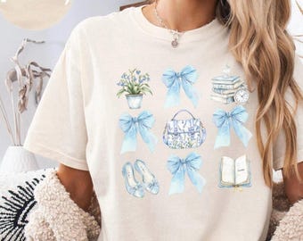 Blue Coquette T-shirt, Bows, Books, Flowers, blue Cottagecore tee, Vintage vibe, Unisex Tee, Soft Aesthetic