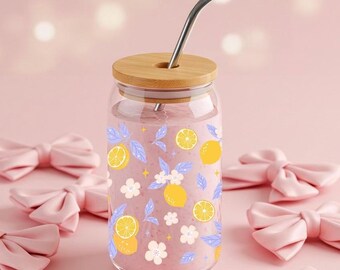 Lemon Floral Boho Glass Cup, Pastel Tumbler, Cute Fruit Drinkware, Citrus and Flowers Summer Aesthetic, Matcha Latte Mug, Gift for Bestie