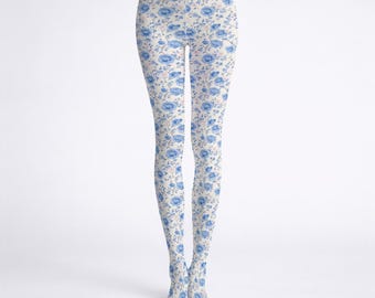 Blue Floral Adult Tights - Women’s High-Stretch Pantyhose