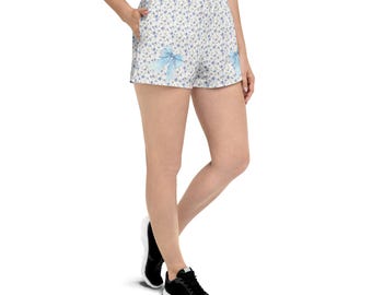 Blaue Sportshorts mit Blumenmuster, Trainingsshorts aus recyceltem Polyester, weicher Mädchenstoff
