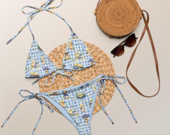 Baby Ducks Blau Gingham recycelter Bikini - Retro-Badeanzug für Erwachsene - Nachhaltige Cottagecore-Bademode für den Sommer