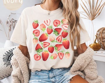Shirt aardbei, uniseks T-shirt tuincomfortkleuren, Vegan Farmers Market-T-shirt, 100% ringgesponnen katoen, Strawberry Festival