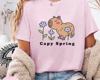 Happy Spring Shirt, Capybara Floral T-shirt, Cute Capy Smelling Flowers, Comfort Colors, Unisex Tee, Garment Dyed Shirt, Flower Lover Gift