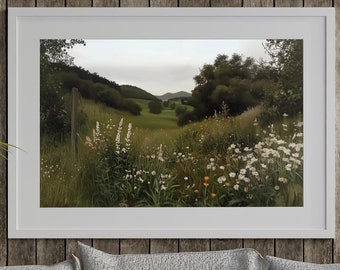 Vintage Erbstück Dunkel Landschaft Wand Kunst | Stimmungsvolle Natur Digital Printable | Dark Palette Wildblumenfeld Druck für rustikale Wohnkultur