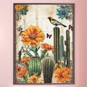 Vintage mexikanische lateinische Kaktus-Blumenwüsten-Plakat-Grafik | Südwestlichen, rustikalen, vielseitigen druckbaren digitalen Download für Druck oder Leinwand HD