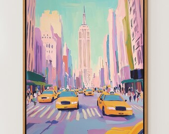 Stampa artistica dell'Empire State / Download digitale di New York / Taxi giallo vibrante e arte murale del paesaggio urbano / Arredamento moderno di Manhattan / Poster iconico di New York / 4KHD