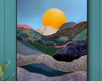 Impresión artística de pared surrealista de sol dorado / Descarga digital abstracta de amanecer / Decoración de paisaje montañoso en capas / Arte imprimible minimalista moderno