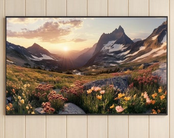 Paesaggio di montagna con fiori selvatici e arte digitale vibrante / Arte murale stampabile con natura cinematografica / Decorazione con paesaggio all'alba per casa e ufficio