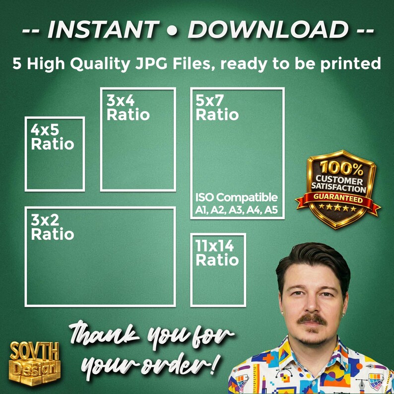 Instant download information graphic on a sage green background showing multiple printable size ratios (2:3, 3:4, 4:5, 5:7 ISO, 11x14), labeled high-resolution 300 DPI JPG files, with decorative badges and a small portrait image in the corner.
