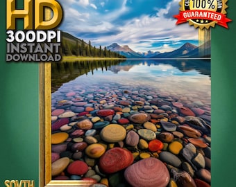 Glacier National Park Wall Art, Lake McDonald Pebble Shore, Serene Alpine Landscape Print, Instant Download