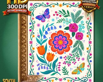 Stampa floreale di arte popolare messicana, arte murale botanica colorata, decorazioni vintage per feste, download stampabile
