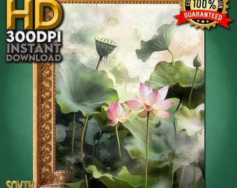 Arte acrilica con fiori di loto e ninfee / Stampa botanica minimalista digitale, download immediato in formato JPG ad alta risoluzione per un arredamento moderno - Acquista ora!!