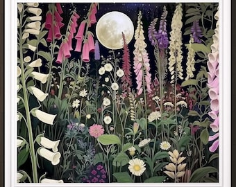 Arte mural de jardín de flores silvestres nocturnas / Impresión digital botánica de naturaleza iluminada por la luna / Imprimible floral oscuro para decoración del hogar