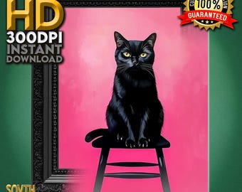 Arte vintage con gatto nero / Stampa retrò con gatto rosa, download digitale, JPG ad alta risoluzione stampabile per un arredamento moderno e minimalista - Scarica ora!!