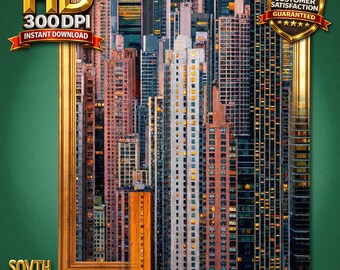 Arte murale con paesaggio urbano e grattacieli, stampa a olio su tela, decorazione architettonica moderna, luci della città color verde acqua e oro, stampabile