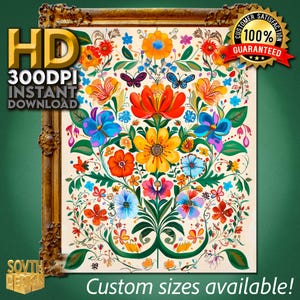 Póster de pared mexicano vintage / Impresión botánica de arte popular latino tradicional / Descarga digital floral decorativa para una elegante decoración del hogar