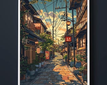 Serene Japanese Street Sunset Digital Wall Art | Traditional Architecture Printable Decor | Hyper-Detailed Illustration for Home