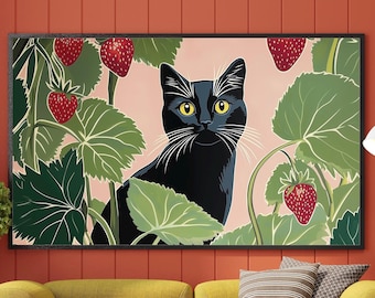 Stampa digitale di un gatto nero da parete / Illustrazione moderna di un gatto in un giardino di fragole / Decorazione minimalista in stile pop art per il soggiorno