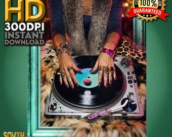 Decorazione murale in vinile stampabile, poster per giradischi, arredamento per DJ, stampa leopardata, download immediato