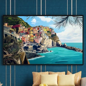 May include: A colourful illustration of a seaside town built on a cliff overlooking a blue ocean. The town is made up of many buildings with red, yellow, orange, and green roofs. The ocean is a bright blue and there are rocks and cliffs in the foreground.