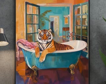 Bold Tiger in Bathtub Wall Art, Maximalist Bathroom Decor, Whimsical Dopamine Aesthetic, Vibrant Kitsch Print for Trendy Home Decor