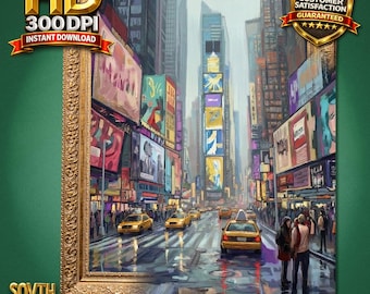 Times Square Wall Art Printable, Painterly New York City Print, Rainy NYC Street Scene, Yellow Taxi Poster, Manhattan Cityscape Download