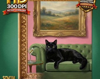 Elegante stampa artistica da parete con gatto nero, dipinto di gatto Martini, decorazione vintage con gatto stravagante, stile moderno di metà secolo, download stampabile