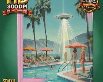 Retro UFO Poolside Wall Art – Mid Century Modern Palm Springs Decor, Vintage 1960s Atomic Style Digital Download