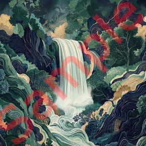 Japanese-inspired waterfall artwork featuring a bright white cascade flowing through deep navy canyon cliffs, surrounded by layered emerald green foliage and subtle red botanical accents, rendered in a modern ukiyo-e woodcut style with flowing linework and painterly texture.