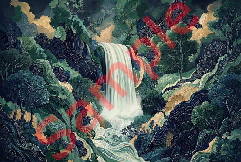 Japanese-inspired waterfall artwork featuring a bright white cascade flowing through deep navy canyon cliffs, surrounded by layered emerald green foliage and subtle red botanical accents, rendered in a modern ukiyo-e woodcut style with flowing linework and painterly texture.